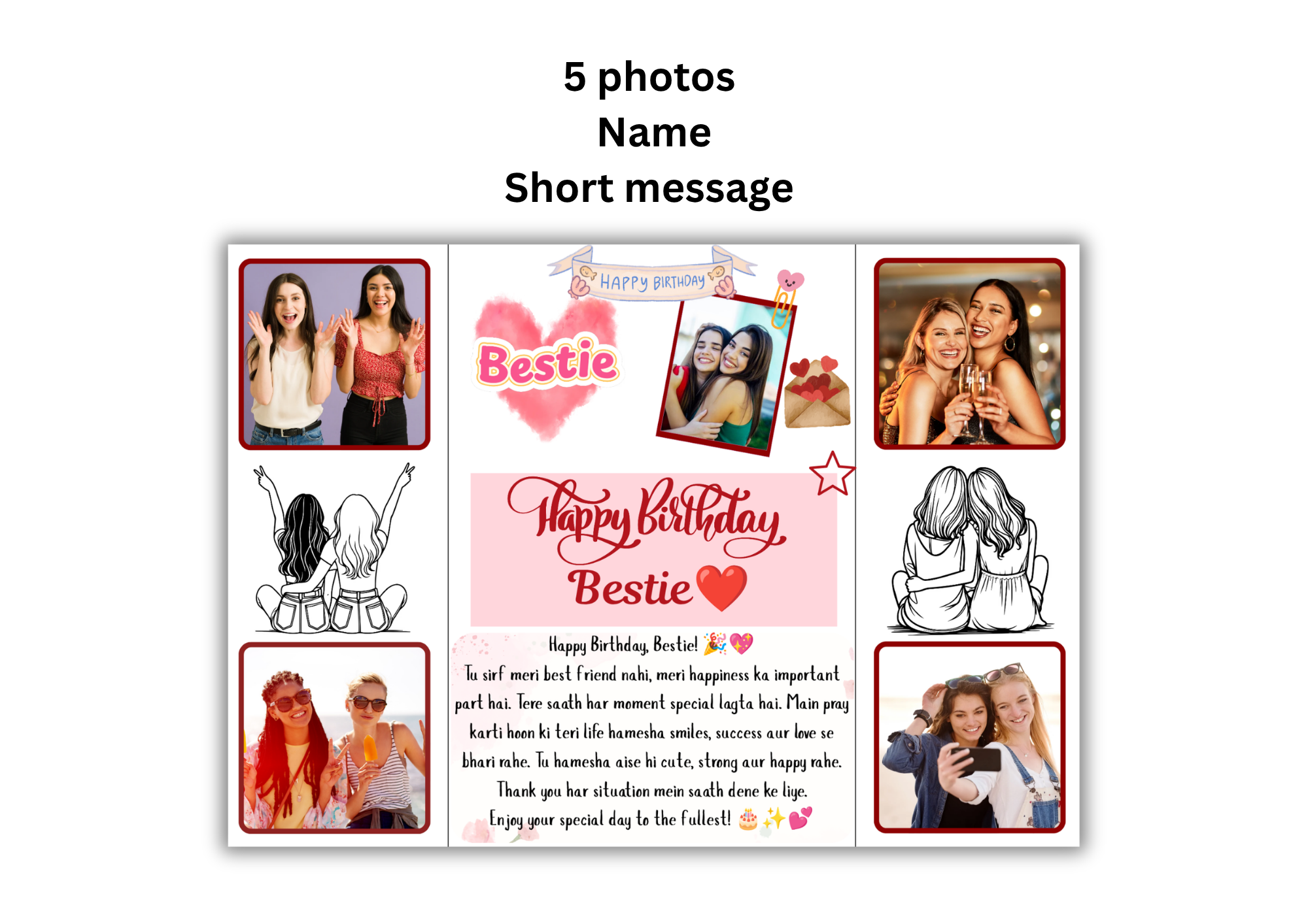 💖 Personalized Bestie Birthday Card with Name & Photos | Friendship Greeting Card with Ribbon 🎀