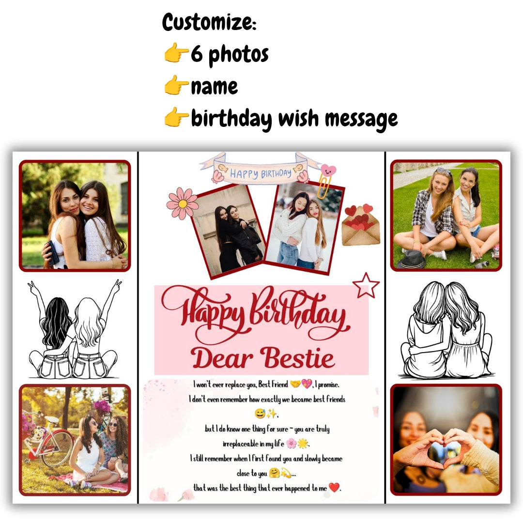 💖 Personalized Bestie Birthday Card with Name & Photos | Friendship Greeting Card with Ribbon 🎀